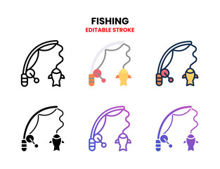Fishing icon set vector line, outline, glyph, filled line, flat color, line gradient and flat gradient. Editable stroke and pixel perfect. Can used for digital product, presentation, UI and many more.