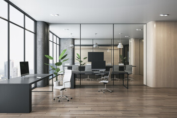 Luxury wooden, concrete and glass coworking office interior with furniture, equipment, window and city view. Law, legal and commercial workplace concept. 3D Rendering.