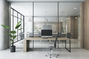 Contemporary wooden, concrete and glass coworking office interior with furniture, equipment, window and city view. Law, legal and commercial workplace concept. 3D Rendering.