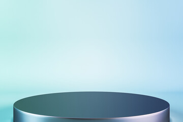 Blue studio with geometric shapes, podium on the floor. Platforms for product presentation, mock up backdrop. Abstract composition in minimal design. 3D Rendering.