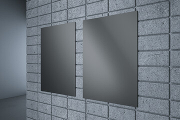 Close up of empty black underground banner on concrete tile wall on hallway background. 3D Rendering.