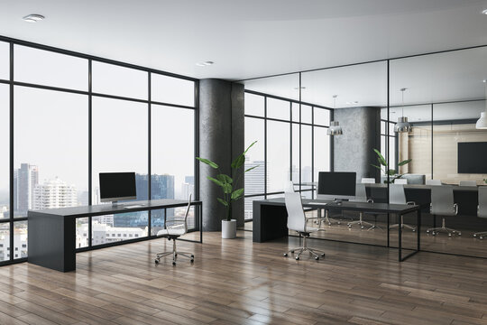 Loft wooden, concrete and glass coworking office interior with furniture, equipment, window and city view. Law, legal and commercial workplace concept. 3D Rendering.