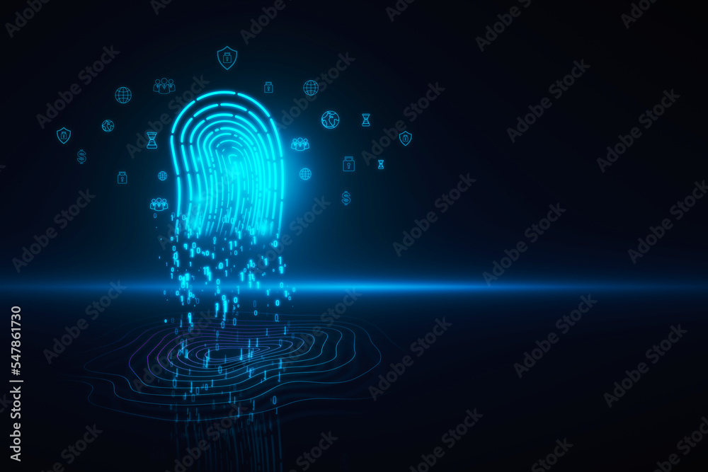 Poster Glowing fingerprint hologram on blurry dark background with mock up place. Identification and crime concept. 3D Rendering.