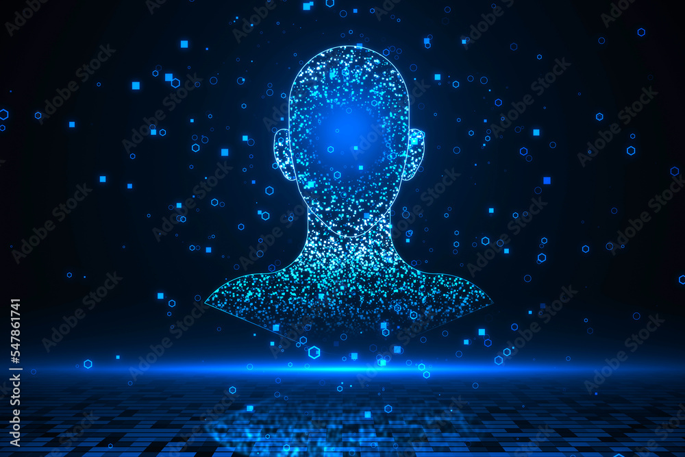 Poster glowing digital blue head outline on dark background. machine learning, ai and technology concept. 3