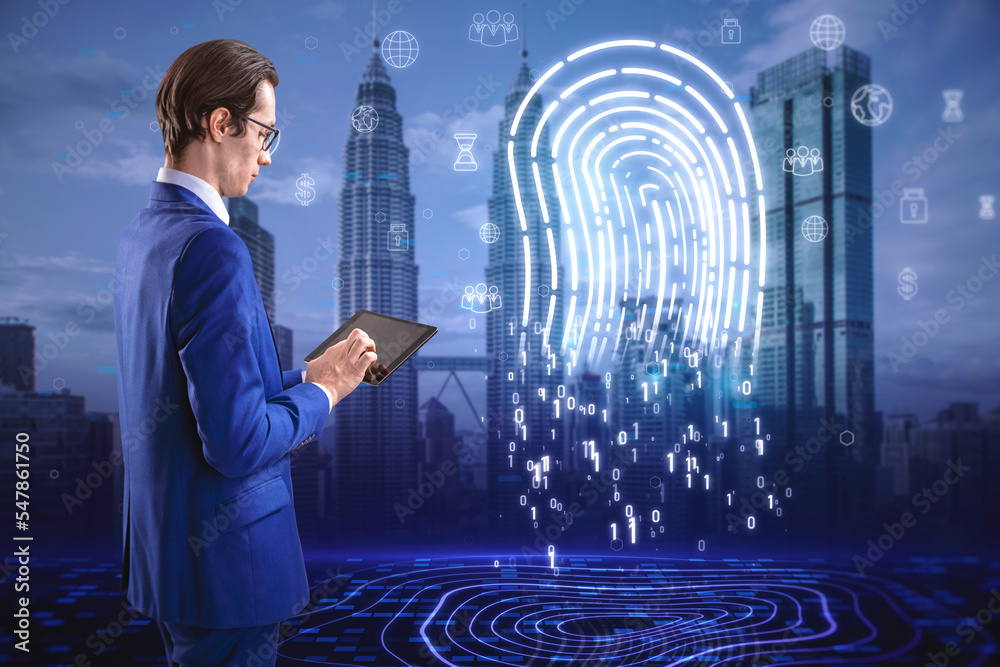 Poster attractive businessman using cellphone with abstract glowing fingerprint hologram on blurry city bac