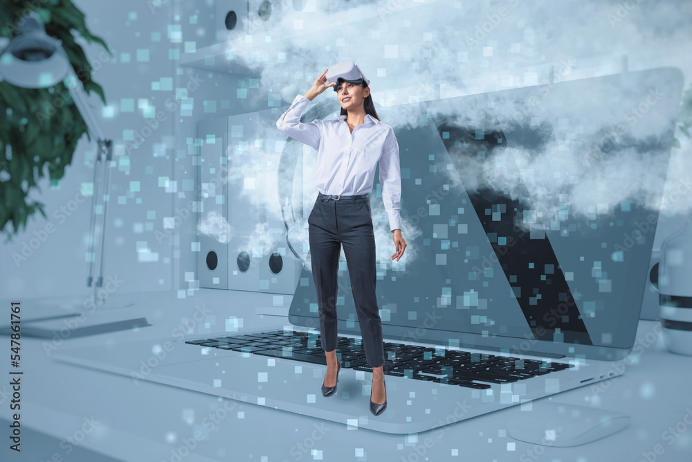 Poster abstract image of female with augmented reality glasses standing on laptop keyboard on desktop workp