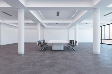 Contemporary meeting room interior with columns, furniture and panoramic city view. 3D Rendering.