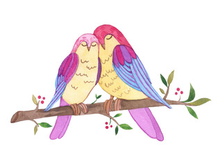 Watercolor cute two romantic birds sitting on a branch. Illustration for the day of all lovers, st. valentine. Design element for decoration, postcard.