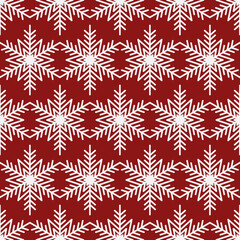 Christmas seamless pattern, white snowflake on red New Year background for decorative design. Christmas gift wrapping paper, vector square illustration