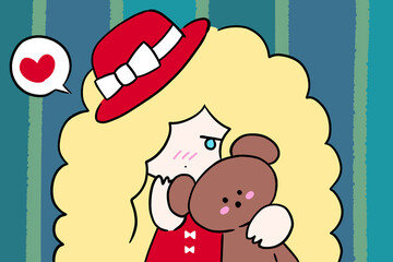 クマを抱っこした女の子　イラスト