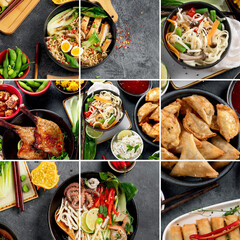 Collage made of assorted Chinese dishes and snacks.