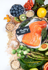 Background healthy food. Fresh fruits, vegetables and salmon. Healthy food, diet and healthy life concept.