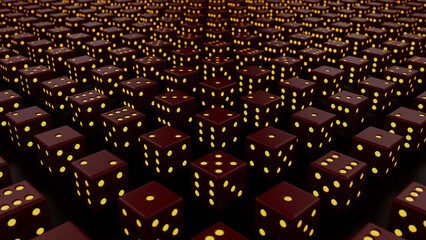 Obraz premium Many crimson and yellow game of chance dices backdrop - abstract 3D illustration