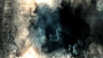 Side frame for content of blue smoke with fire - abstract 3D illustration