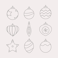 Christmas ornaments, Christmas ball decorations, hanging ornaments set.
Christmas balls icons set. Line art. Flat vector. Linear black christmas balls icons isolated on white background.
