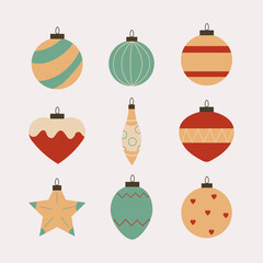 Christmas ornaments, Christmas ball decorations, hanging ornaments set.
Christmas balls icons set. Line art. Flat vector. Linear black christmas balls icons isolated on white background.