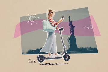 Tourist woman riding an electric scooter, vintage poster design
