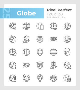 Globe pixel perfect linear icons set. World map. Planet friendly. Customizable thin line symbols. Isolated vector outline illustrations. Editable stroke. Montserrat Bold, Light fonts used