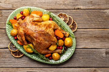Thanksgiving turkey on rustic wooden table