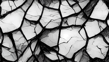 Cracked texture. Broken stone. Crashed granite. Black white monochrome distressed scratched shattered rock pieces collage abstract background.