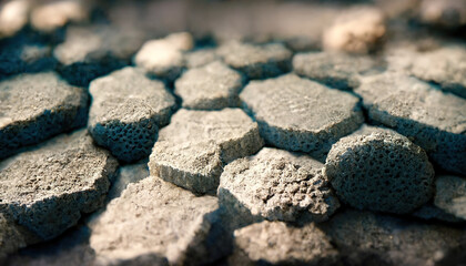 Rock texture. Spongy stone. Pumice design. Macro of gray porous uneven broken pieces stack collage abstract background.