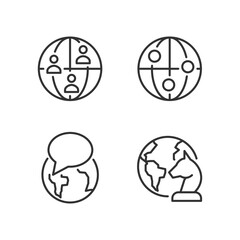 Geopolitics process pixel perfect linear icons set. Global communication. International relations. Customizable thin line symbols. Isolated vector outline illustrations. Editable stroke
