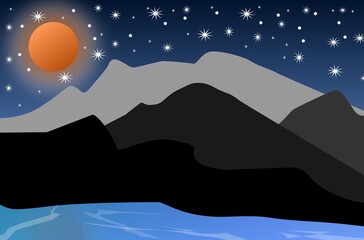 The illustrations and clipart. The landscape of the moonlight in the mountains.