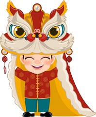 Fototapeta premium Chinese Boy Play Chinese Lion Dance Head Flat icon