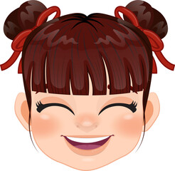 Chinese girl with double hair buns and red ribbow cartoon character