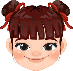 Chinese girl with double hair buns and red ribbow cartoon character