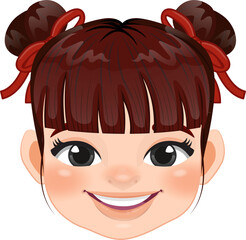 Chinese girl with double hair buns and red ribbow cartoon character