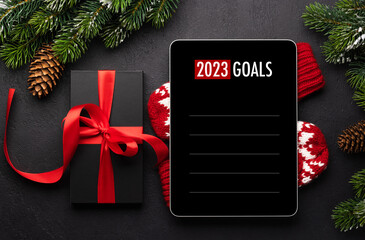 Tablet with goals and Christmas decor