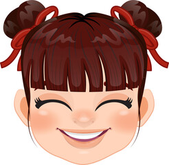 Chinese girl with double hair buns and red ribbow cartoon character
