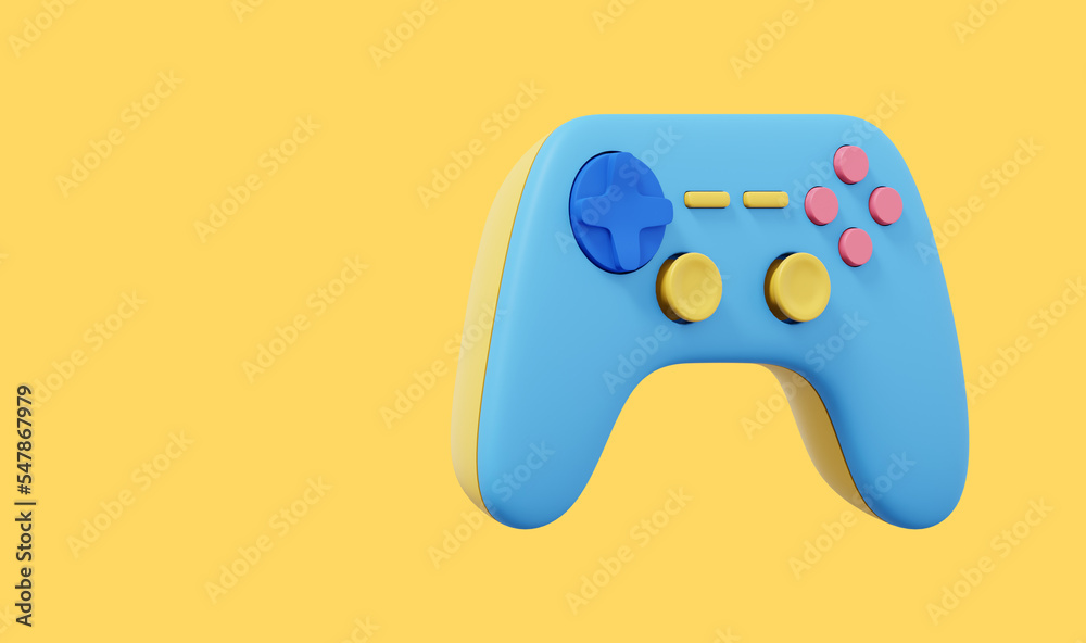Poster realistic console game controller. multicolored icon on yellow background with space for text. 3d re