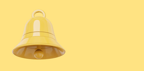 Yellow bell, notification symbol. 3D rendering. Icon on yellow background, space for text.