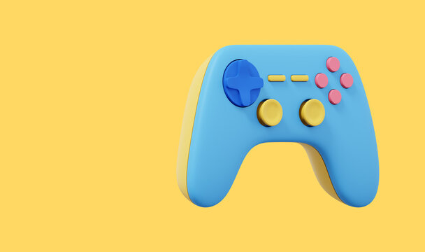 Realistic console game controller. Multicolored icon on yellow background with space for text. 3D rendering.
