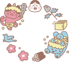 猫と犬の英語節分2月フレームパステルカラー（シンプル）