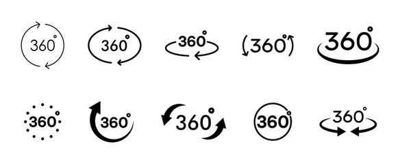 360 degrees view icon set. Rotation or panoramas to 360 degrees icon