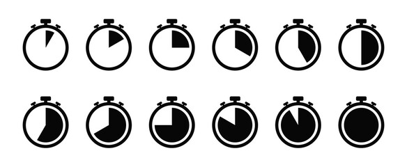 Stopwatch icon set, Timer, clock, and stopwatch symbol. 5 minutes to 1 hour isolated on white background.