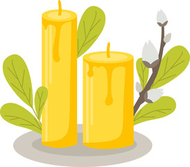 Candles with willow green leaves. illustration