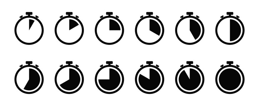 Stopwatch icon set, Timer, clock, and stopwatch symbol. 5 minutes to 1 hour isolated on white background.