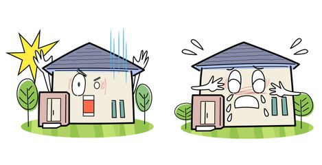 家のデフォルメキャラクター-ショック、泣く