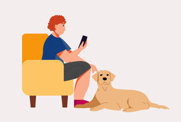 A man holds a phone in his hand and sits in a yellow chair. The labrador lies. The dog is waiting. Vector modern illustration
