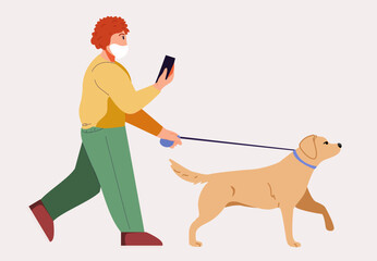 The man goes to the phone in his  hand.  The man in the mask. Walking the dog on a leash. labrador 