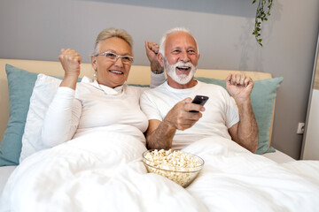 Happy couple watching TV in bedroom