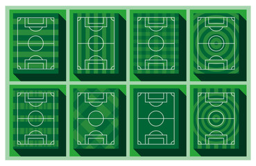 Soccer field grass pattern design collection. Top view football field pattern with 8 types of designs.