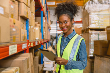 woman worker black African girl teen working in cargo warehouse inventory employee staff portrait...