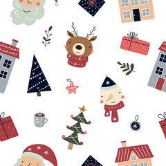Seamless Christmas pattern with cartoon New Year characters and Christmas elements for textile design, postcards, packaging. Vector