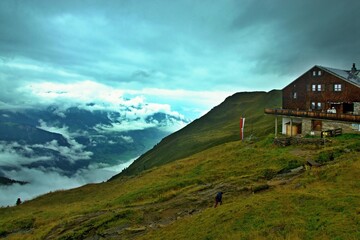 Austrian Alps - view of the Karl von Edel hut near the upper station of the Ahornbahn cable car