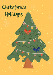 Groovy Christmas card with christmas tree. Christmas and New Year celebration concept. Good for greeting card, invitation, banner, web design.